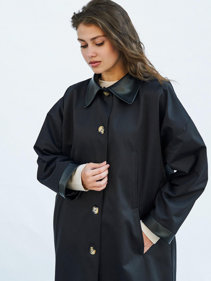 250462 Deri Yakalı Trençkot Siyah