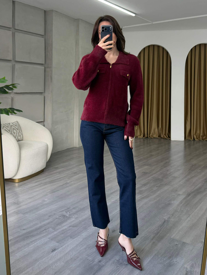 7601 Gömlek Yaka Peluş Hırka Bordo