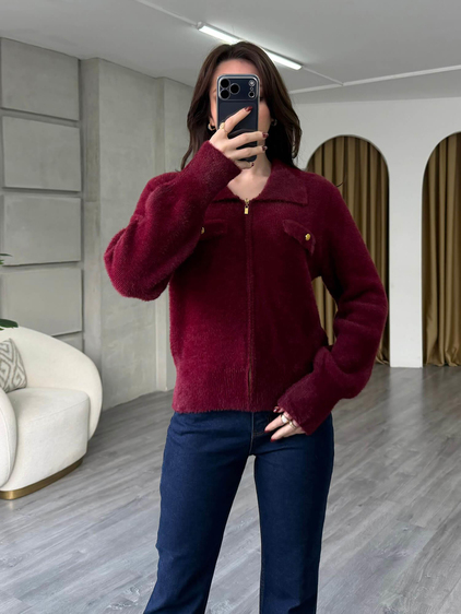 7601 Gömlek Yaka Peluş Hırka Bordo