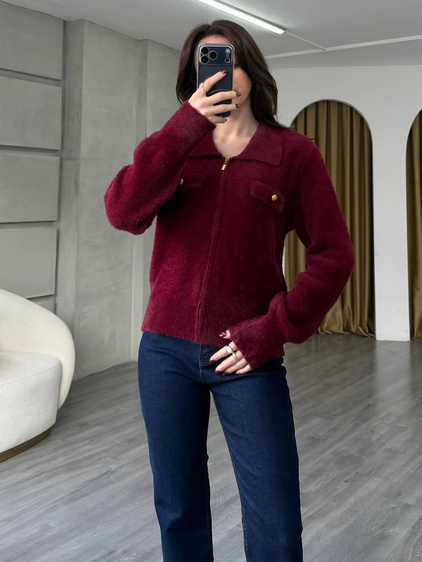 7601 Gömlek Yaka Peluş Hırka Bordo