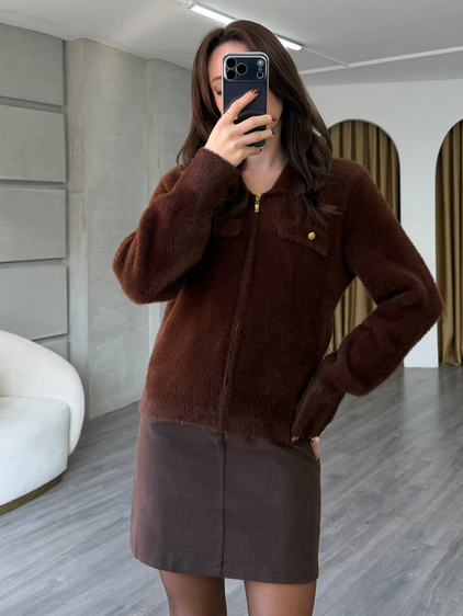 7601 Gömlek Yaka Peluş Hırka Kahve