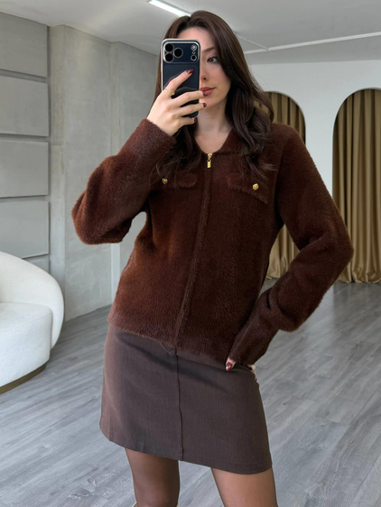 7601 Gömlek Yaka Peluş Hırka Kahve