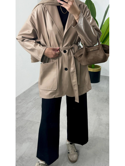 9472 Çift Cepli Kısa Deri Trençkot VizonCoral