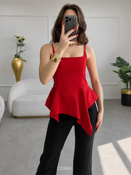 Asimetrik Volanlı Askılı Bluz 3293 Kırmızı