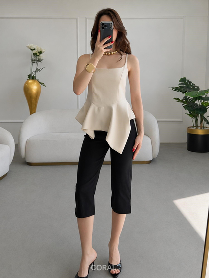 Asimetrik Volanlı Askılı Bluz 3293 Krem