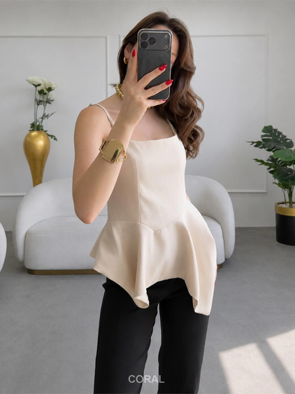 Asimetrik Volanlı Askılı Bluz 3293 Krem