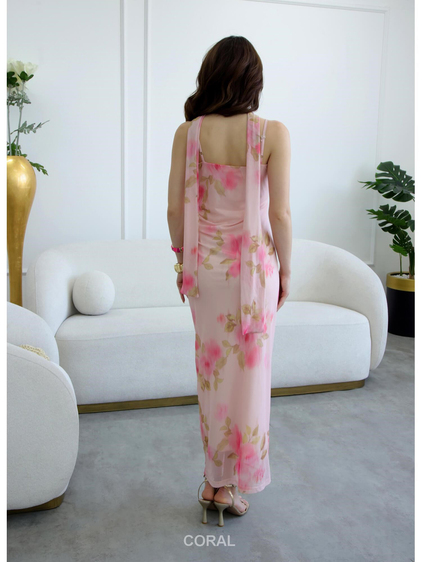 Askılı Büzgülü Desenli Elbise 12079 Pembe