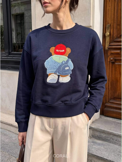 Ayıcık Nakışlı Sweatshirt 5955 Şapkalı Lacivert