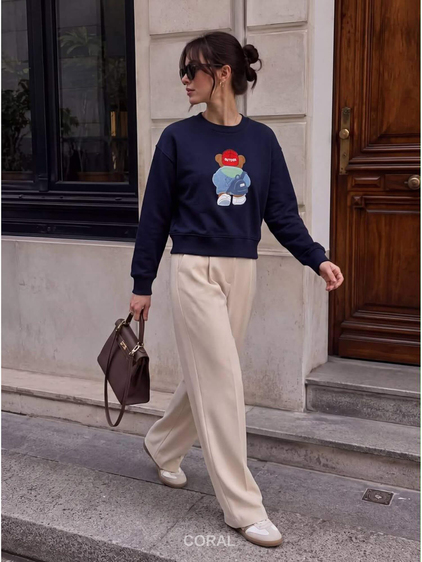 Ayıcık Nakışlı Sweatshirt 5955 Şapkalı Lacivert