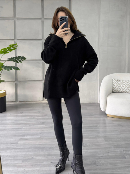 Balon Kol Yarım Fermuarlı Kazak 75307 Siyah