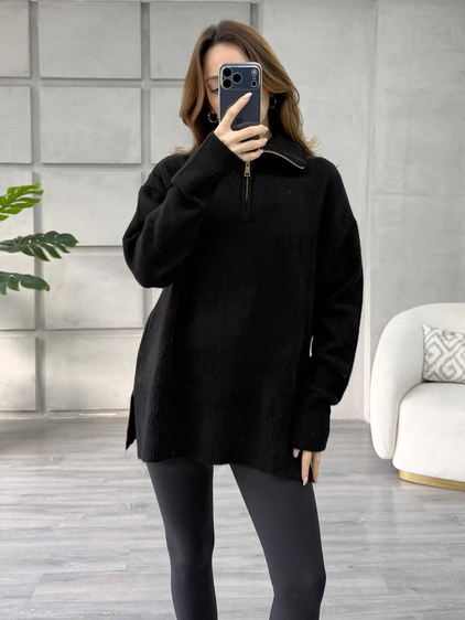 Balon Kol Yarım Fermuarlı Kazak 75307 Siyah