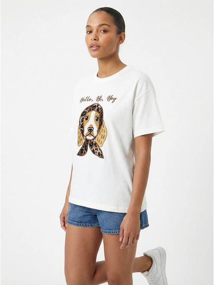 Bereli Köpek Baskılı Tişört 7526 Ekru
