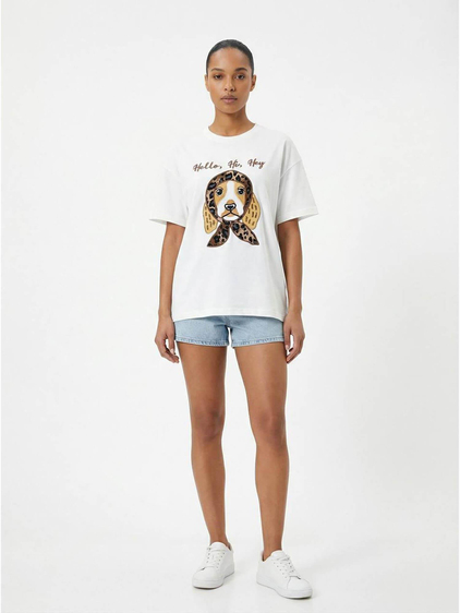 Bereli Köpek Baskılı Tişört 7526 Ekru