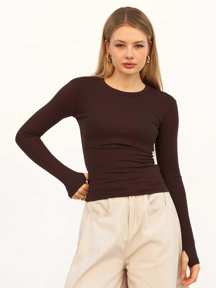 Bisiklet Yaka Parmaklı Basic Bluz 072040 Kahve
