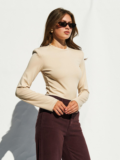 Bisiklet Yaka Vatkalı Bodysuit Bej