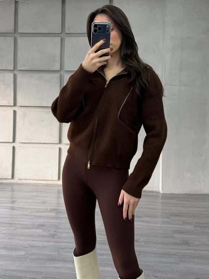 Boncuk Şeritli Kapüşonlu Peluş Hırka 145109 Kahve