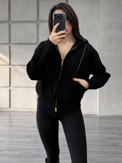 Boncuk Şeritli Kapüşonlu Peluş Hırka 145109 Siyah