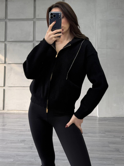 Boncuk Şeritli Kapüşonlu Peluş Hırka 145109 Siyah