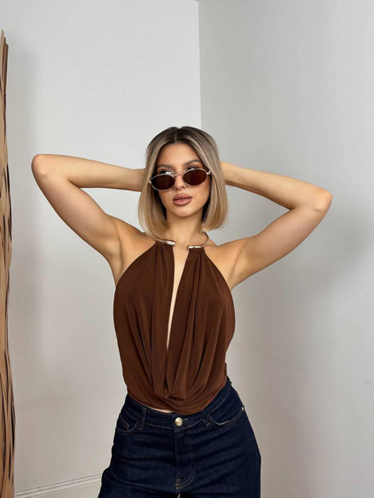 Boyundan Halka Askılı Bluz 20063 Kahve