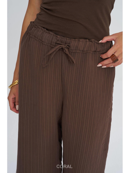Büzgülü Bağcıklı Çizgili Pantolon 45393 Kahve