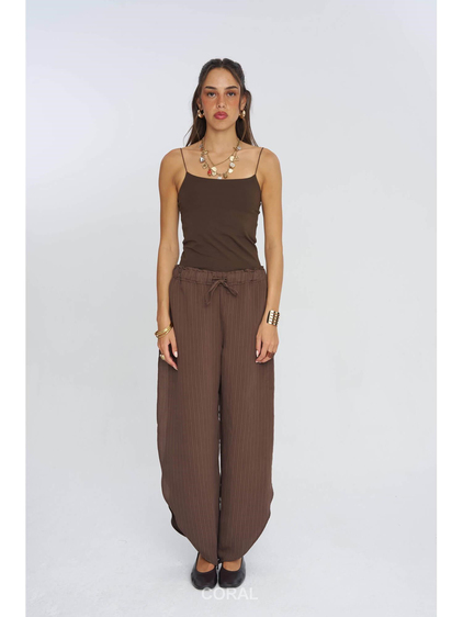 Büzgülü Bağcıklı Çizgili Pantolon 45393 Kahve