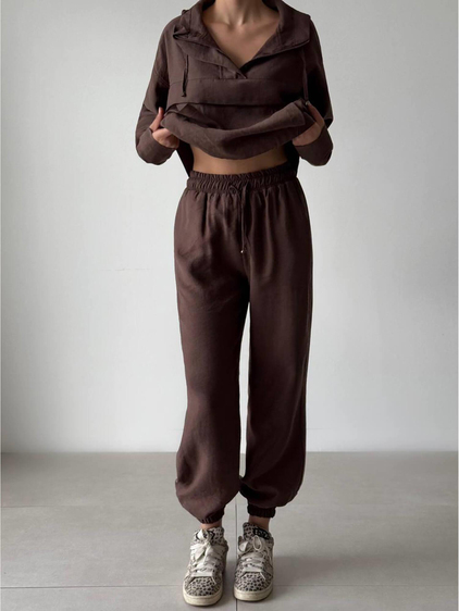 Cepli Fermuarlı Ceket Pantolon Takım 6029 Kahve