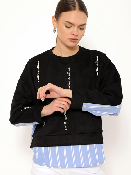 Çizgili Gömlek Garnili İncili Sweatshirt Siyah