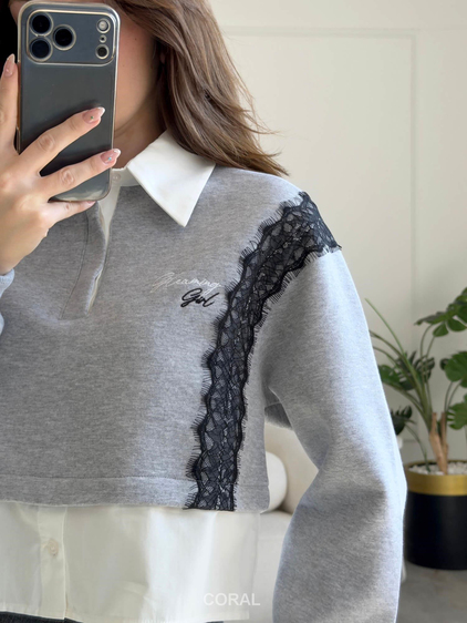 Dantel Detaylı Gömlek Yaka Sweatshirt SWT02770 Açık Gri