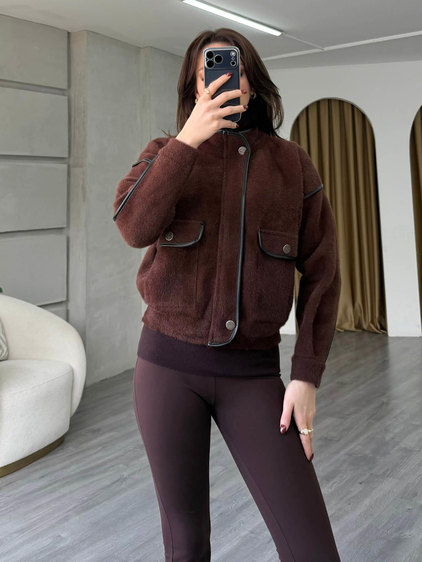 Deri Detaylı Dik Yaka Hırka 140205 Kahve