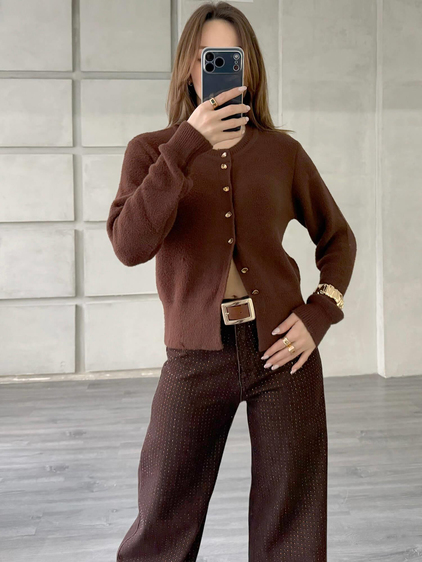 Desenli Düğmeli Yumuşak Hırka 7606 Kahve