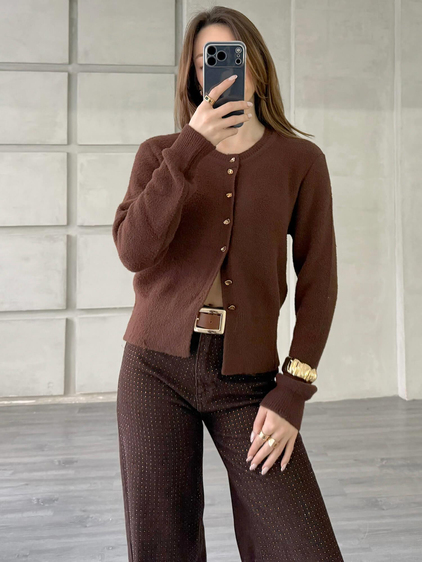 Desenli Düğmeli Yumuşak Hırka 7606 Kahve