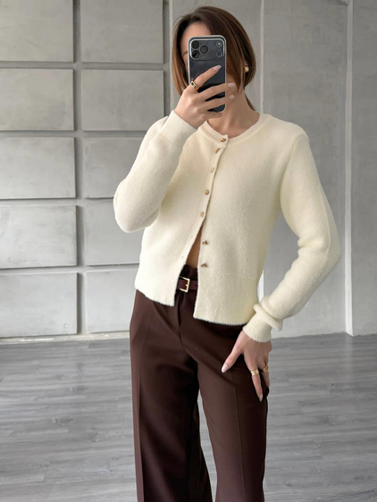 Desenli Düğmeli Yumuşak Hırka 7606 Vanilya