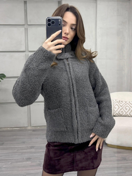 Dik Yaka Fermuarlı Peluş Hırka 3184 Gri