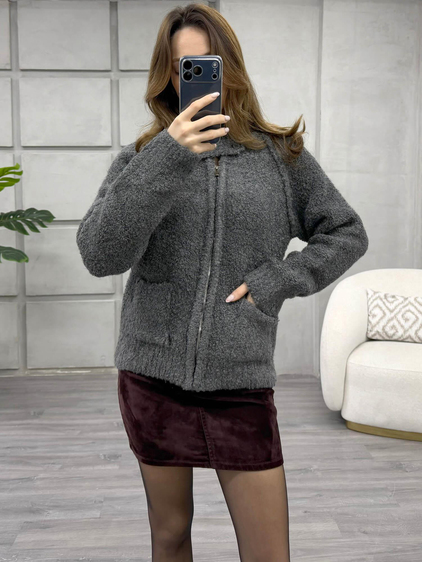 Dik Yaka Fermuarlı Peluş Hırka 3184 Gri