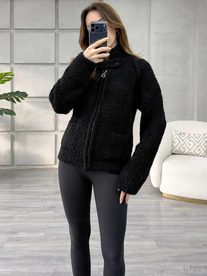 Dik Yaka Fermuarlı Peluş Hırka 3184 Siyah