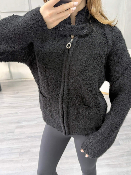 Dik Yaka Fermuarlı Peluş Hırka 3184 Siyah