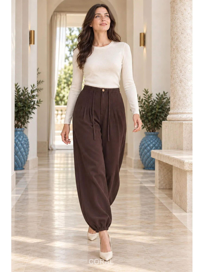 Dikişli Şalvar Pantolon 7241 Beli Kahve