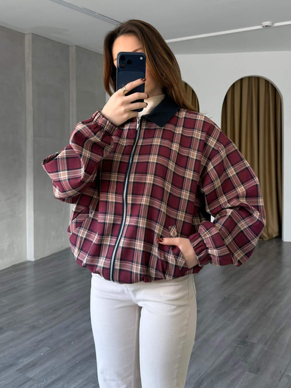 Ekoseli Bomber Ceket 37096 Bordo