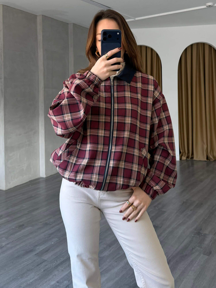 Ekoseli Bomber Ceket 37096 Bordo