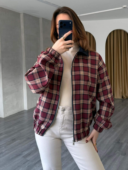 Ekoseli Bomber Ceket 37096 Bordo
