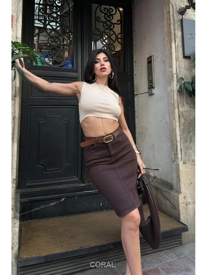 Elips Tokalı Kemerli Etek 1039 Toprak