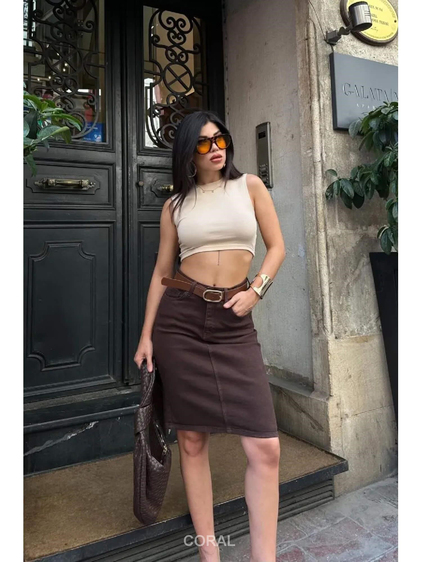 Elips Tokalı Kemerli Etek 1039 Toprak