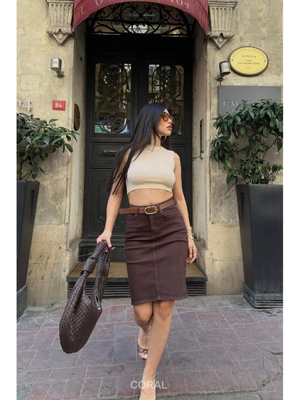 Elips Tokalı Kemerli Etek 1039 Toprak