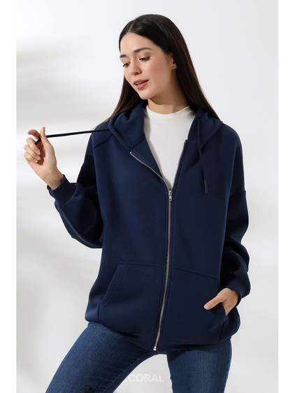Fermuarlı Kapüşonlu Kanguru Cep Sweatshirt 21618 Lacivert