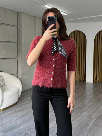 Fularlı Düğmeli Kısa Hırka 3193 Bordo
