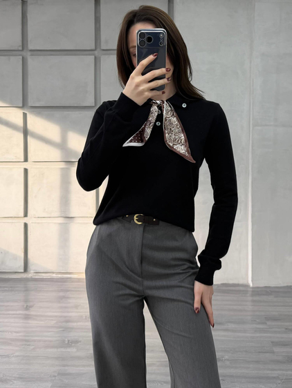 Fularlı Gömlek Yaka Triko 140518 Siyah