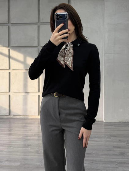 Fularlı Gömlek Yaka Triko 140518 Siyah