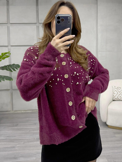 Göğsü İnci Ve Taşlı Peluş Hırka 7584 Bordo