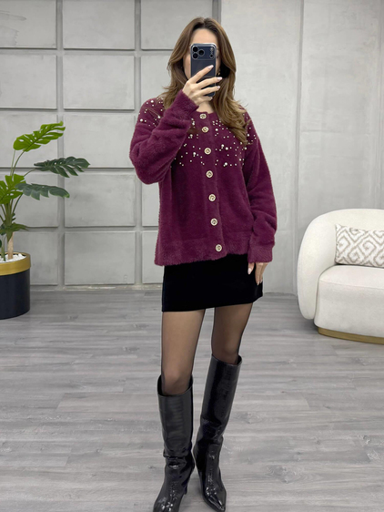 Göğsü İnci Ve Taşlı Peluş Hırka 7584 Bordo