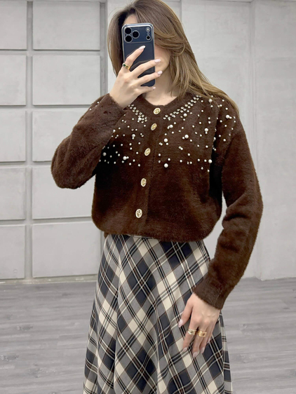 Göğsü İnci Ve Taşlı Peluş Hırka 7584 Kahve